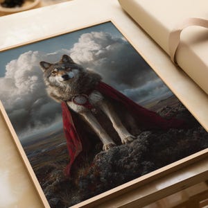 Wolf Chieftain – Ready to Hang Framed Print, Viking Animal Wall Art, Fantasy Noble Wolf Decor