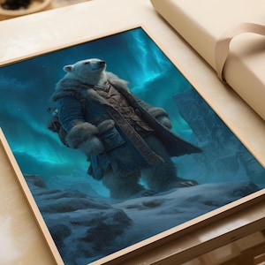 Framed Polar Bear Explorer Print: Arctic Aurora Fantasy Wall Art
