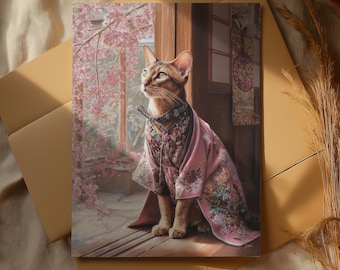 Kimono Cat Poster – Japanese Animal Print, Cherry Blossom Wall Art, Elegant Feline Decor