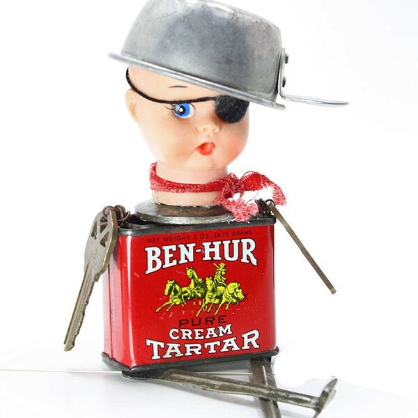 Repurposed Spice Tin Mixed Media Doll - "Ben Hur the Pirate" - Made from Vintage, Found Objects