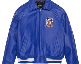 AVIREX Men Bomber American Flight Basket Ball Blue Leather Jacket