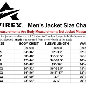 May include: A size chart for Avirex jackets, displaying body measurements in inches. The chart includes sizes S to 5XL, with corresponding body chest, sleeve length, and waist measurements. The text clarifies these are body measurements, not jacket measurements.