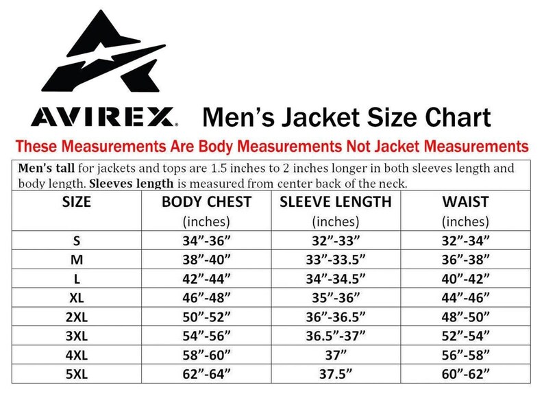 May include: A size chart for Avirex jackets, displaying body measurements in inches. The chart includes sizes S to 5XL, with corresponding body chest, sleeve length, and waist measurements. The text clarifies these are body measurements, not jacket measurements.
