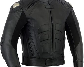 Men's Black Cowhide Leather Motorcycle Jacket: Removable Armor