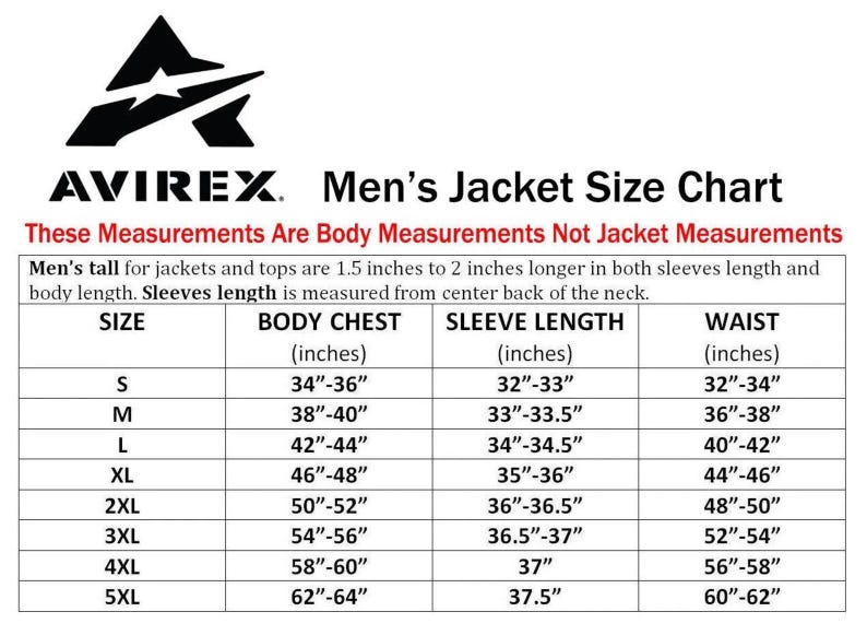 May include: An Avirex jacket size chart displaying body measurements in inches. The table includes columns for size, body chest, sleeve length, and waist, ranging from size S to 5XL. It specifies that these are body measurements, not jacket measurements.