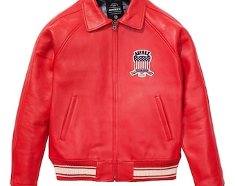 Men's Avirex Real Bomber American Flight Jacket 100% Lamb Leather Red Jacket