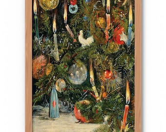 May include: A framed print of a decorated Christmas tree. The tree is adorned with ornaments, candles, and a variety of decorations. The artwork has a vintage aesthetic, with warm colors and a detailed depiction of the festive scene.