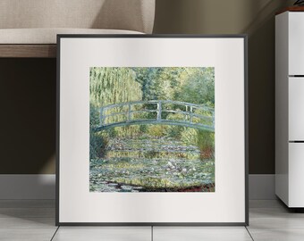 Estanque de nenúfares en verde – Lienzo de Claude Monet, impresión impresionista de puente y jardín, decoración de pared de naturaleza serena