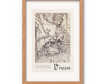 Study Sketch for Café Terrace at Night 1888 by Van Gogh - Art Print in Original Wooden Frame, Vintage Drawing Wall Art Decor