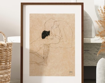Lovers 1909 by Egon Schiele Wooden Framed Art – Expressionist Figure Canvas Print, Bold Emotional Modern Wall Decor