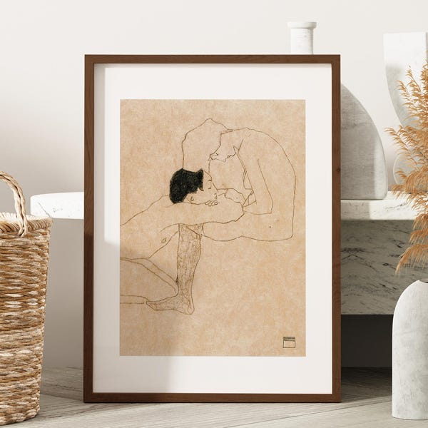 Lovers 1909 de Egon Schiele Arte emoldurada em madeira – Impressão em tela de figura expressionista, decoração de parede moderna e ousada e emocional