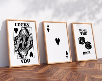 Wooden Framed Casino Art Set of 3, Black & White Card Game Decor, Minimalist Ace Queen Dice Print, Game Room Man Cave Wall Art