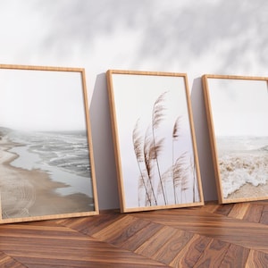 Neutral Beach Wooden Set of 3 Wall Art Boho Decor Bedroom Print Coastal Wall Art Minimalist Living Room Art Ocean Poster Beach Photography