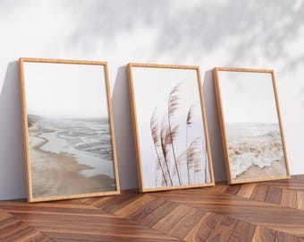 Neutral Beach Wooden Set of 3 Wall Art Boho Decor Bedroom Print Coastal Wall Art Minimalist Living Room Art Ocean Poster Beach Photography
