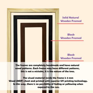 May include: Three nested wooden frames in natural, black, and brown. The handmade frames have natural wood patterns. The visual material within the frame is 3 mm thick and printed using UV technology.