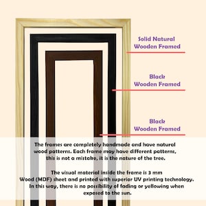 May include: A display of three wooden frames: natural, black, and brown. The frames are handmade and feature natural wood patterns. The visual material inside the frame is 3 mm. The text on the image says the frames are printed with UV printing technology.
