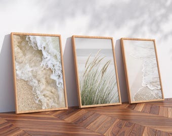 Beach Coastal Wooden Framed Print Set of 3 Wall Art Ocean Print Set Bedroom Boho Decor Neutral Living Room Wall Art Grass Print