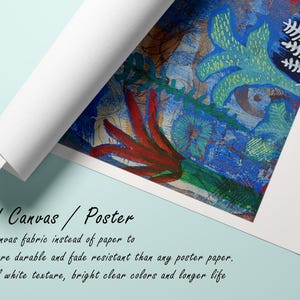 May include: Rolled canvas poster with an abstract design. The artwork features a mix of blue, green, and red hues, with visible brushstrokes and textures. The canvas is rolled, revealing the artwork's edge and the white backing.