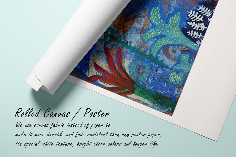 May include: Rolled canvas poster with an abstract design. The artwork features a mix of blue, green, and red hues, with visible brushstrokes and textures. The canvas is rolled, revealing the artwork's edge and the white backing.