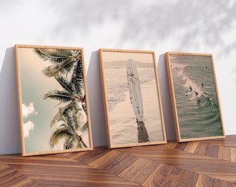 Surf Wooden Set Of 3, Beach Print, Coastal Decor, Pink Wall Art, Tropical Print, Ocean Art, Gallery Wall Set, Beach Wall Art, Surfboard Art
