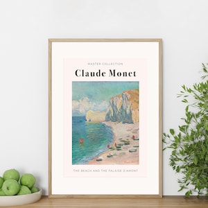The Beach and the Falaise D&#39;Amont by Claude Monet - Art Print in Original Wooden Frame, Coastal Cliff Wall Art for Elegant Home Decor