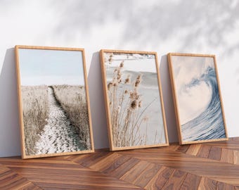 Ocean Wooden Frame Set of 3 Posters Neutral Beach Print Boho Wall Decor Above Bed Prints Beige Decor Summer Coastal Wall Art