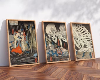 Moon Home Arts - Set di 3 stampe artistiche da parete con cornice Ukiyo-E "Scheletro" di Utagawa Takiyasha, arte giapponese, periodo Edo, decorazioni vintage