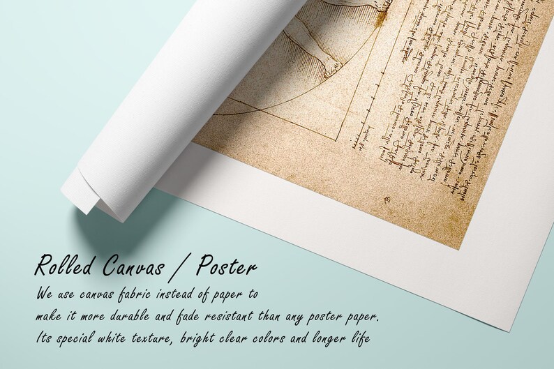 May include: Rolled canvas poster featuring a detailed vintage illustration with handwritten text. The canvas is rolled, revealing a portion of the artwork. The text on the poster reads "Rolled Canvas / Poster". The canvas has a white border and is on a light blue background.