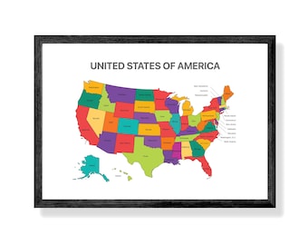 Mapa de Estados Unidos educativo con marco de madera, decoración de pared para aula, arte de pared para niños, educación en casa, preescolar, Montessori, decoración de pared para sala de juegos
