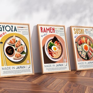 Japanese Food Prints Set of 3, Ramen, Sushi and Gyoza, Vintage Kitchen & Dining Room Wooden Framed Art