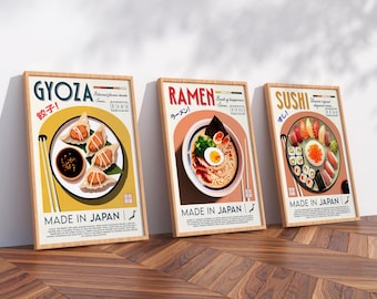 Set di 3 stampe di cibo giapponese, ramen, sushi e gyoza, arte vintage con cornice in legno per cucina e sala da pranzo
