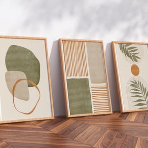 Framed Canvas Print Wall Art Set of 3 Tropical Leaves Abstract Shapes Illustrations Mid Century Modern Art Boho Decor
