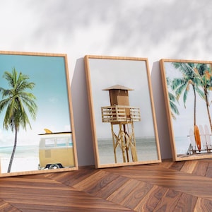 Wooden Framed Wall Art Set of 3 Tropical Palm Tree Beach Lifeguard Pier Surfboard Print Ocean Photography Coastal Cottage Coastal Room Decor