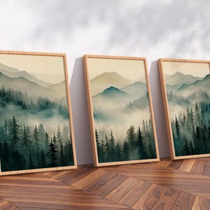 Sage Green Mountain 3 Pieces Wooden Framed Art | Watercolor Mountain Landscape | Abstract Nature Print | Modern Minimal Decor