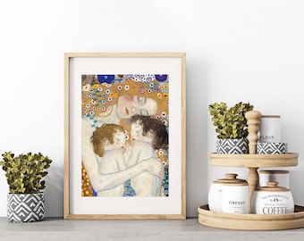 Mother and Twins I by Gustav Klimt - Art Print in Original Wooden Frame, Tender Family Portrait Wall Art for Cozy Home Decor