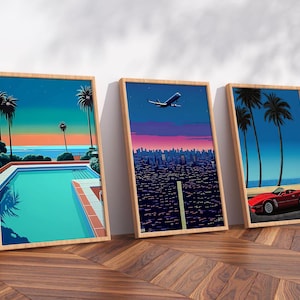 木製フレーム入り永井博アート3点セット、サマーブリーズレトロカープールプリント、80年代シティポップヴェイパーウェイヴギャラリーウォールデコレーション