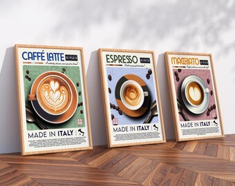 Juego de 3 pósteres de café italiano (espresso, latte y macchiato), arte de pared vintage para cocina con marco de madera.