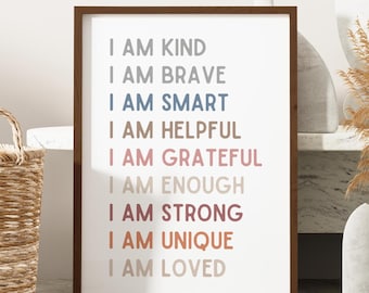 Affirmationen für Kinder, Klassenzimmer aus Holz gerahmt, Ich bin Affirmationen, Spielzimmer Poster, Affirmationen Poster, Homeschool Dekor, I am Kind Smart Loved