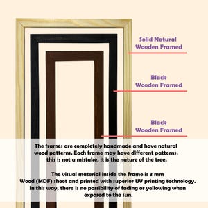 May include: Three wooden picture frames in natural, black, and brown. The frames are handmade with natural wood patterns. The visual material inside the frame is 3 mm. The text says the frames are handmade.