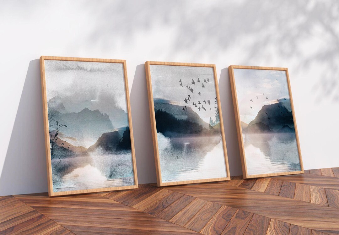 Mountain Lake Wall Art Set of 3 , Minimalist Watercolour Landscape ...