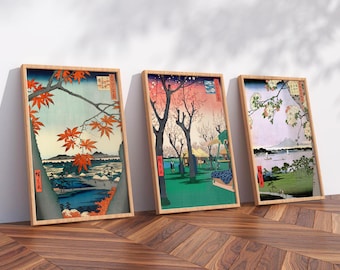 Japanese Blossoming Tree Prints Set of 3, Cherry Blossom Ukiyo-e Art, Wooden Framed Wall Decor