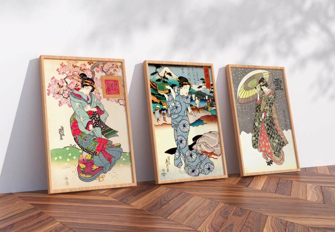 Wooden Framed Ukiyo-e Geisha Prints Set of 3, Japanese Woodblock ...