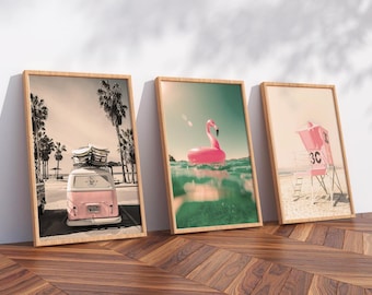 Beach Wooden Framed Set of 3 Prints Set Surfboard Art Teen Girl Room Decor Pastel Blue Pink Beach Surf Print Coastal Tropical Print Ocean