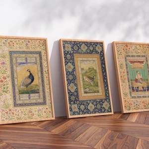 Mughal Wooden Framed Set of 3, Traditional Persian Wall Art, Oriental Decor, Birds Print, Mansur Prints, Giclée Poster, Animal Vintage