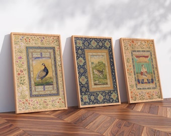 Mughal Wooden Framed Set of 3, Traditional Persian Wall Art, Oriental Decor, Birds Print, Mansur Prints, Giclée Poster, Animal Vintage