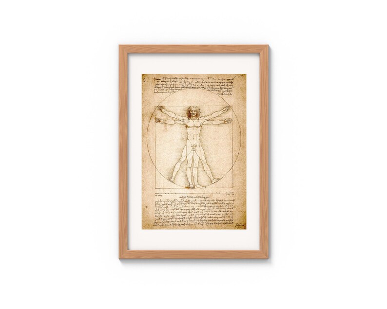 May include: A framed print of Leonardo da Vinci's Vitruvian Man. The artwork features a detailed pen and ink drawing of a nude male figure within a circle and square, with handwritten notes in the background. The frame is made of light brown wood.