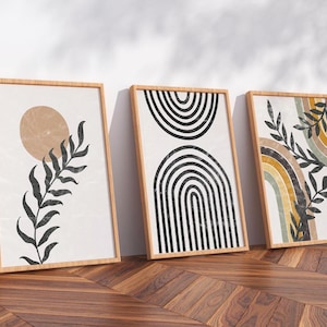 Boho Wooden Framed Wall Art Gallery Wall Set, Mid Century Modern Prints, Bohemian Decor Wall Art Prints, Printable Wall Art