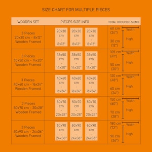 May include: Size chart for multiple wooden framed pieces. Shows dimensions in cm and inches, including 3-piece sets with sizes like 20x30 cm (8x12 inches) and 60x90 cm (24x36 inches). Total occupied space is also shown.
