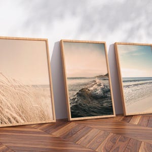 Coastal Wooden Framed Set of 3 Prints Above Bed Wall Decor Beach Wall Art Bedroom Print Set Beach Poster Ocean Art Print Neutral Wall Art