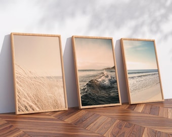 Coastal Wooden Framed Set of 3 Prints Above Bed Wall Decor Beach Wall Art Bedroom Print Set Beach Poster Ocean Art Print Neutral Wall Art